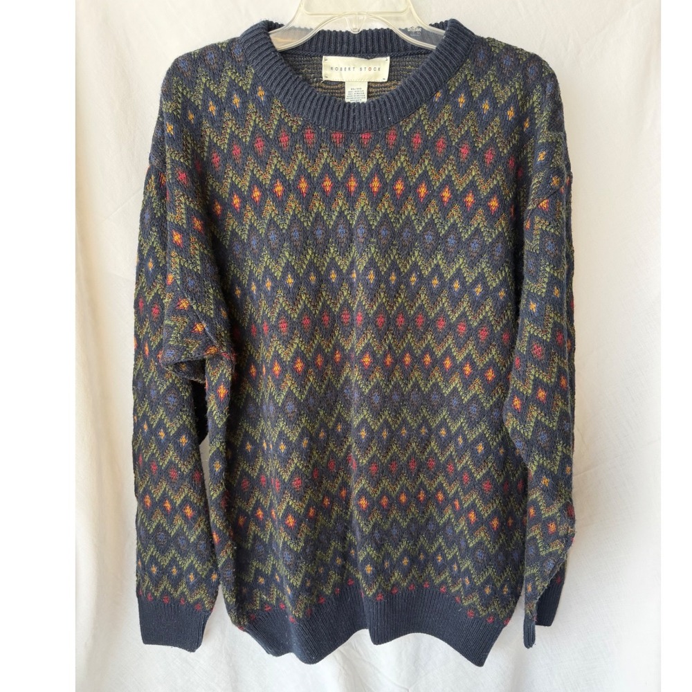 Robert Stock Sweater Navy Grandpa Geometric Diamond Knit Crewneck Y2K VTG XL